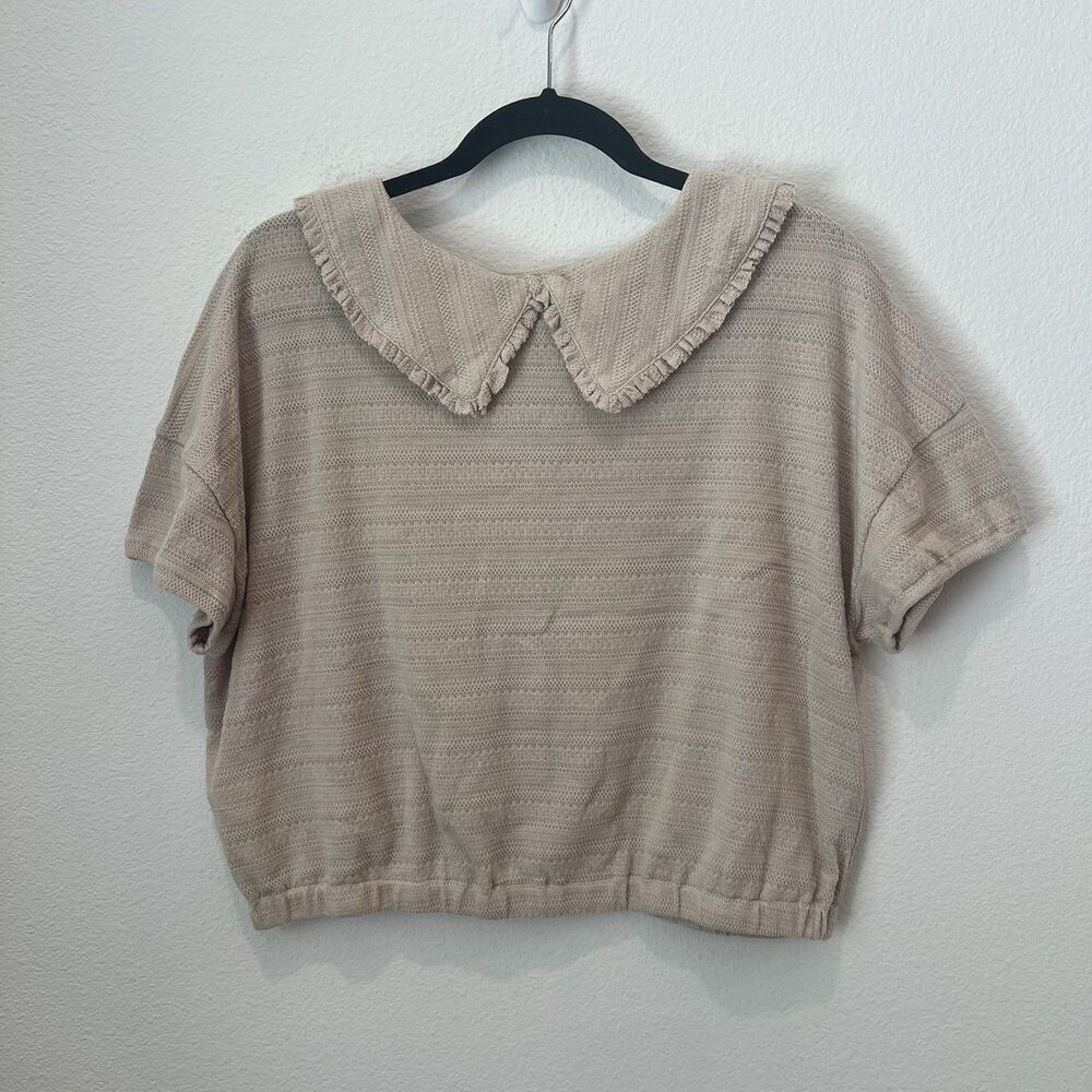 Madewell Ruffle-Collared Crop Tan Top Large Cottagecore Preppy Casual Prairie - Picture 7 of 9